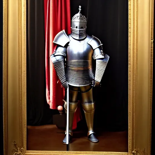 Image similar to full - body - front - shot, donald trump, knight'armor, crown, renaissance painting of a knight, detailed face