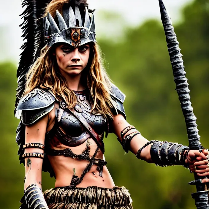 Image similar to professional full length photograph of cara delevingne as an amazon warrior. Extremely detailed. 8k