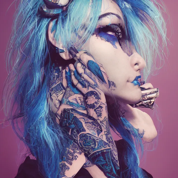 Image similar to portrait of alternative model with tattoos and blue hair. intricate abstract. intricate artwork. by Tooth Wu, wlop, beeple, dan mumford. octane render, trending on artstation, greg rutkowski very coherent symmetrical artwork. cinematic, hyper realism, high detail, octane render, 8k, iridescent accents