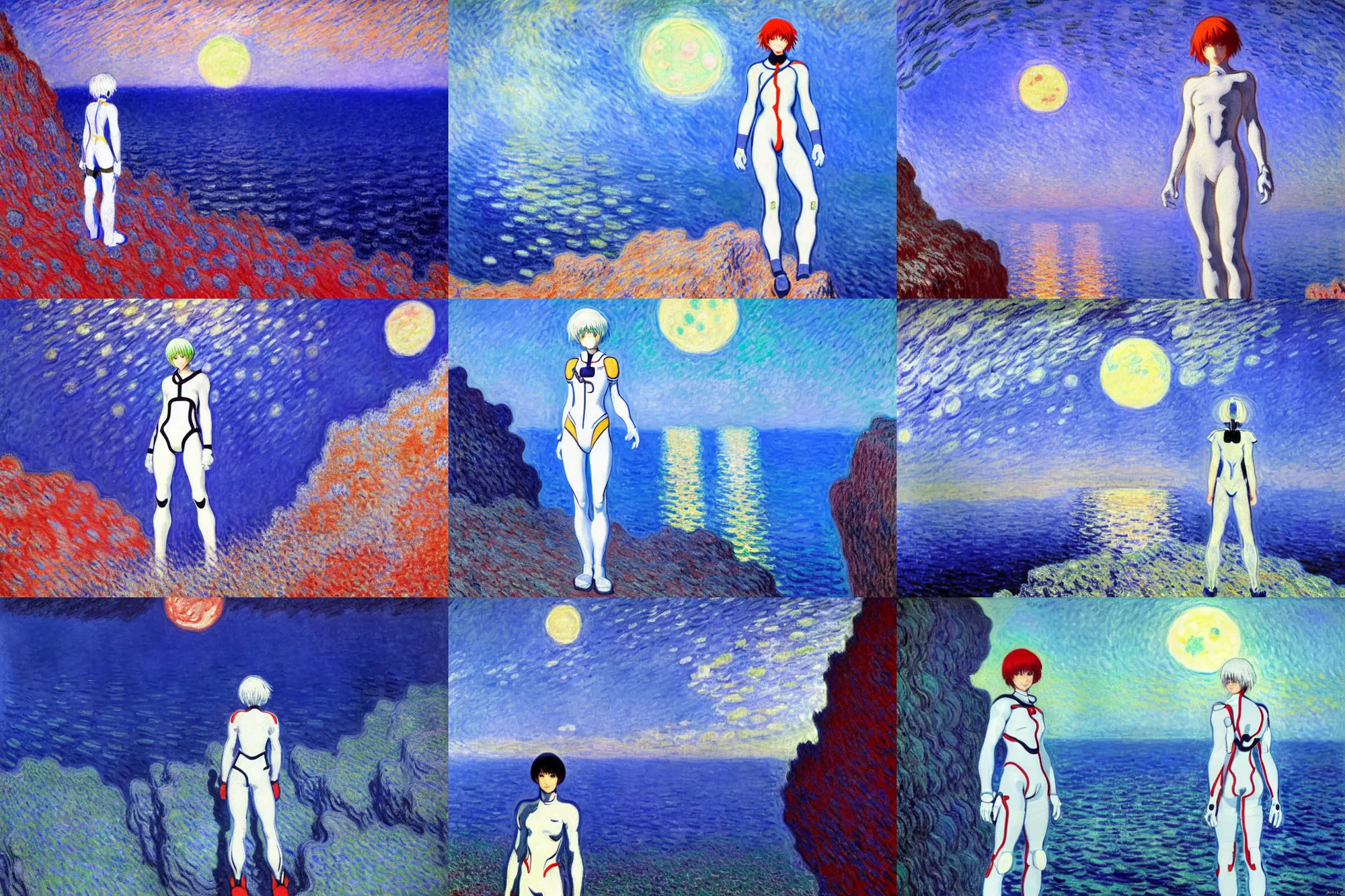 Prompt: rei ayanami wearing a white plugsuit in a rocky landscape with (red sea) at night. bright moon in the sky, moonlight, beautiful painting by claude monet, highly detailed textured 8k