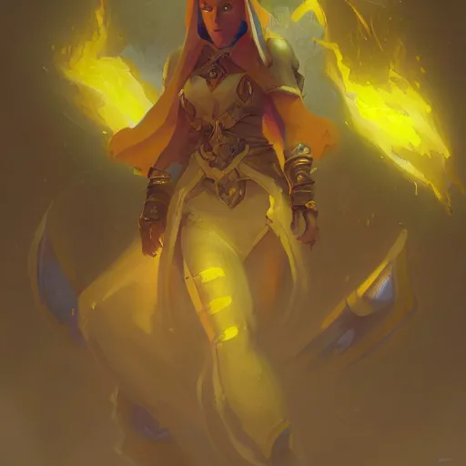 Image similar to a female mage, yellow theme, bright art masterpiece artstation. 8 k, sharp high quality artwork in style of jose daniel cabrera pena and greg rutkowski, concept art by tooth wu, blizzard warcraft artwork, hearthstone card game artwork, holy mage