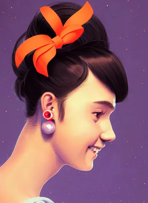 Image similar to portrait of high school girl, realistic, black hair, bangs, half updo hairstyle, pointy nose, skinny, smile, ugly, defined jawline, big chin, orange hair bow, earrings, intricate, elegant, glowing lights, highly detailed, digital painting, artstation, sharp focus, illustration, art by wlop, mars ravelo and greg rutkowski