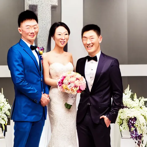 Image similar to cookie monster marrying justin sun, professional wedding photography