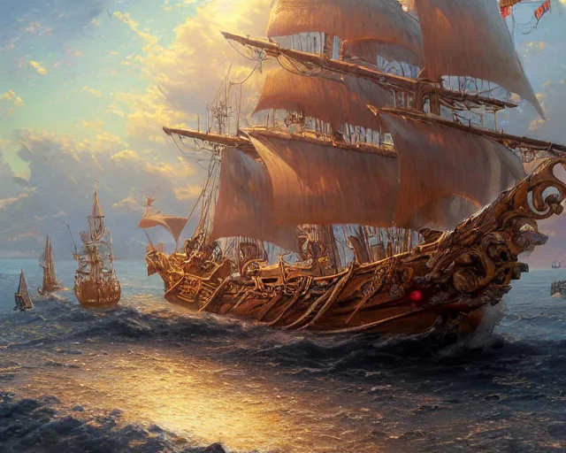 Prompt: a very detailed and beautiful portrait of a a pirate ship firing canons, artwork by artgerm, ships sail made of human skin, wide angle, full body, fantasy, highly detailed, digital painting, artstation, smooth, sharp focus, art by thomas kinkade and stephan martiniere and kevin swartz