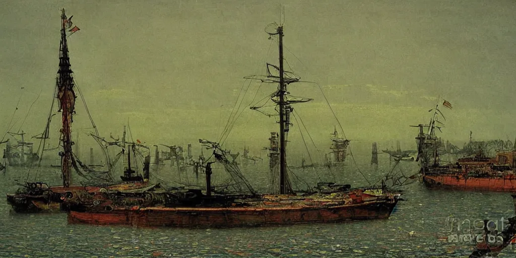 Prompt: two big colorful boats with big humanoid robots inside detailed painting by john atkinson grimshaw