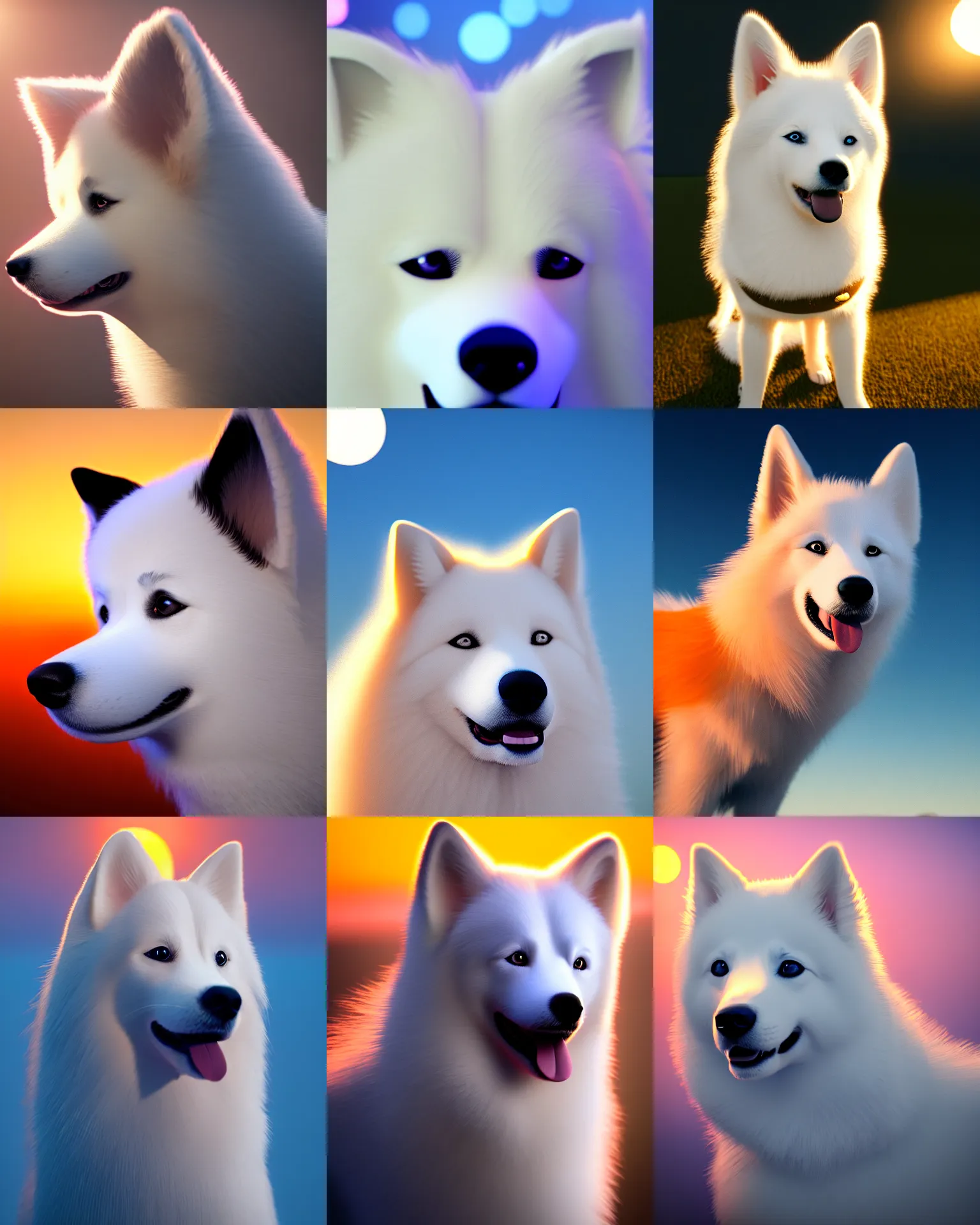 Prompt: profile of smiling american eskimo dog. cute, backlit, sunset, refracted lighting, photorealistic, raytracing, octane, discovery channel, trending on artstation