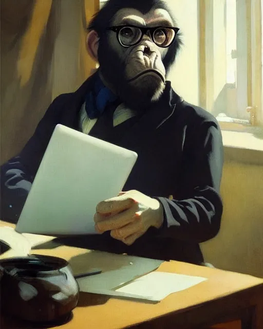 Prompt: ape hacker with glasses at the computer. fantasy art by greg rutkowski, gustave courbet, rosa bonheur, edward hopper. faithfully depicted facial expression, perfect anatomy, sharp focus, global illumination, radiant light, detailed and intricate environment, trending on artstation