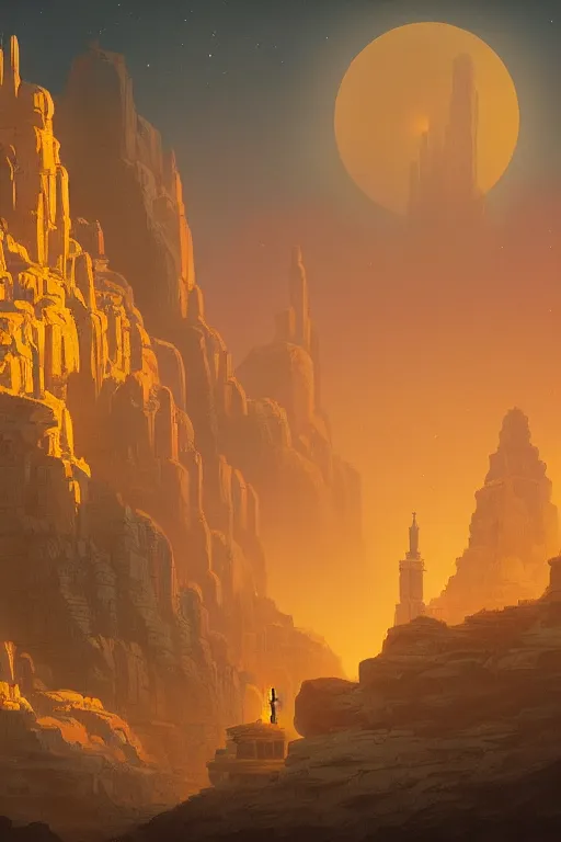 Image similar to ancient temples glowing yellow in canyon, monks, golden statue, light streaks in the sky, floating planets and moons, dramatic lighting, artstation, matte painting, ralph mcquarrie, simon stalenhag