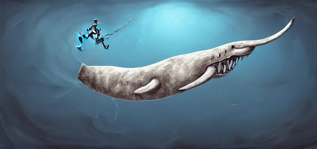 Image similar to a bleached bone skeleton of a narwhal that is leaping out of the ocean in the style of Keith Thompson and Christopher Bretz, highly detailed, digital painting, HDRI, vivid colors, high contrast, 8k resolution, intricate, photorealistic, smooth