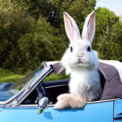 Image similar to bunny riding a convertible, studio photo, high quality