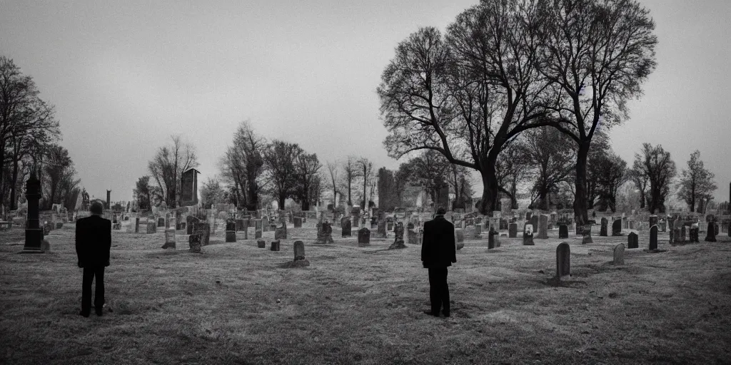 Prompt: A lone man in a black suit standing in a cemetery, bad weather