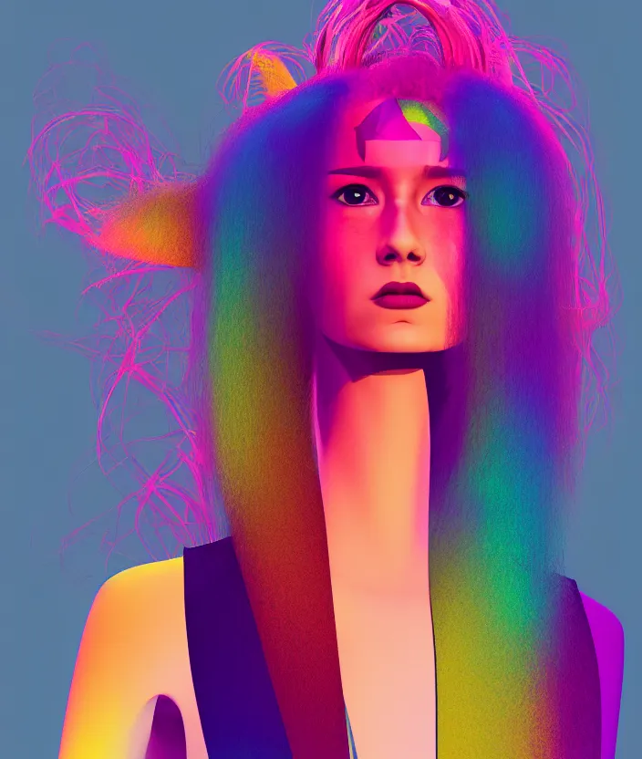 Prompt: full portrait of a post modern cyber fashion model with an exuberant hair, colorful, beautiful islandic face, octane render, vray, detailed, halftoned, editorial illustration, matte print, grainy light, ( ( dither ) ), risograph, high contrast, screen print, grainy texture