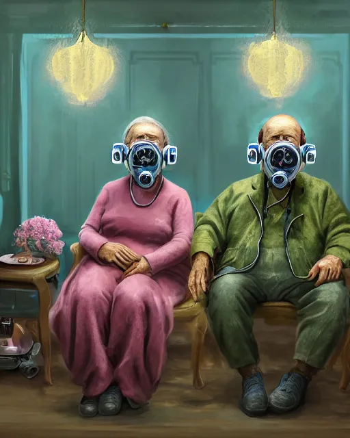 Prompt: Two old people, wearing gas masks draped in silky gold, green and pink, connected to heart bypass machines, inside a grand, ornate hospital room, they sit next to a fireplace with swirling blue flames, the world is on fire, lost in despair, transhumanist speculative evolution, in the style of Adrian Ghenie, Luke Chueh, Jenny Saville, Edward Hopper, surrealism, dark art, illustration by Mariko Mori