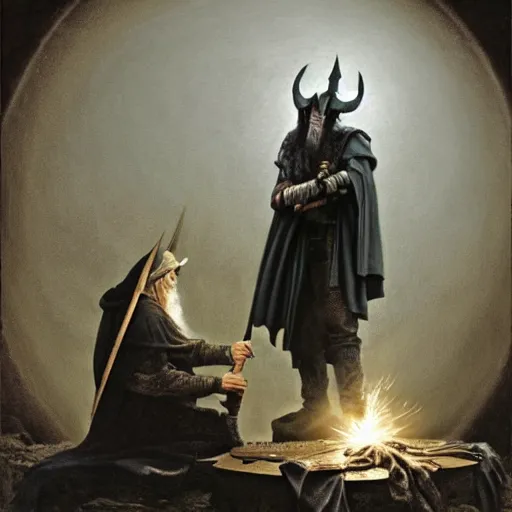 Prompt: the evil ian mckellen smithing on an anvil as gandalf in a dark viking hood playing odin all father crafting the bright sphere of life on an anvil, highly detailed, cinematic shot, cinematic lighting, 8 k, exquisit facial detail, colored painting by gustave dore and artemisia gentileschi, chiaroscuro, dark painting.