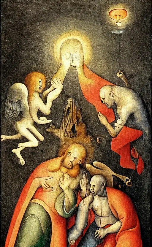 Image similar to two men in love seperated by a deity, on one side is light on the other is darkness in the style of hieronymus bosch, lots of colour