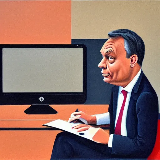 Prompt: viktor orban programming with a laptop in a cubicle, oil painting