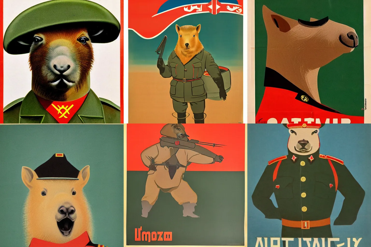 Prompt: soviet propaganda poster depicting a capybara in a military uniform
