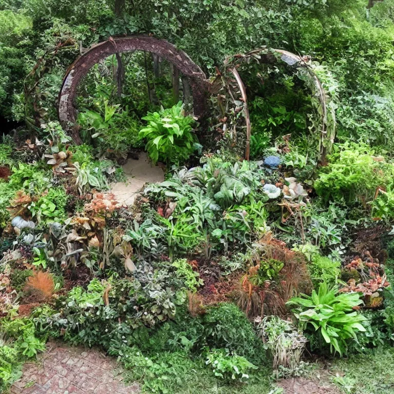 Image similar to a circle portal structure built out of plants and mushrooms