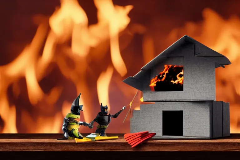 Prompt: Dark Knight Joker building a house of cards on top of a table, with a flaming background. 3d rendering, toy story style, pixar style, distant view, blurred background.