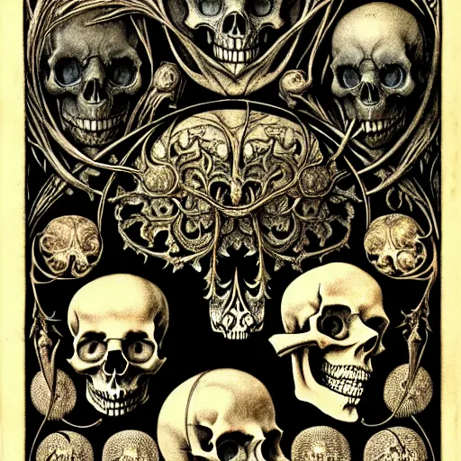 Prompt: melancholy memento mori by arthur rackham, detailed, art nouveau, gothic, ornately carved beautiful skull dominant, intricately carved antique bone, skulls, art nouveau botanicals, microscopic organisms by ernst haeckel, art forms of nature by ernst haeckel, horizontal symmetry, arthur rackham, ernst haeckel