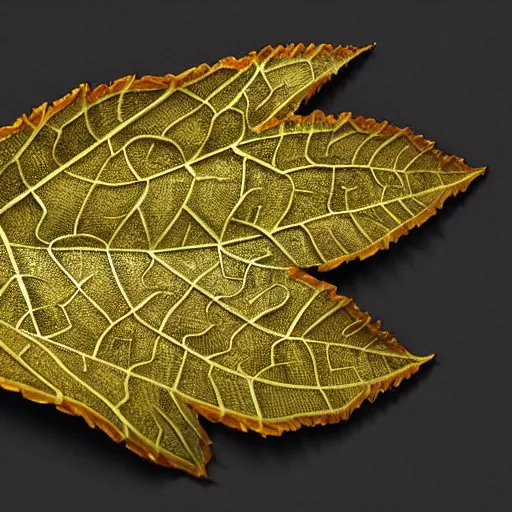 Image similar to Intricate a whole fantasy leaf, encrusted with jewels, shiny gold, detailed veins, sharp focus, octane render, high quality, 8k, volumetric lighting, on black background