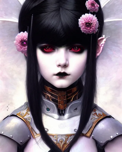 Prompt: portrait of beautiful cute young goth maiden girl with short white hairs in warhammer armor, art by ( ( ( kuvshinov ilya ) ) ) and wayne barlowe and gustav klimt and artgerm and wlop