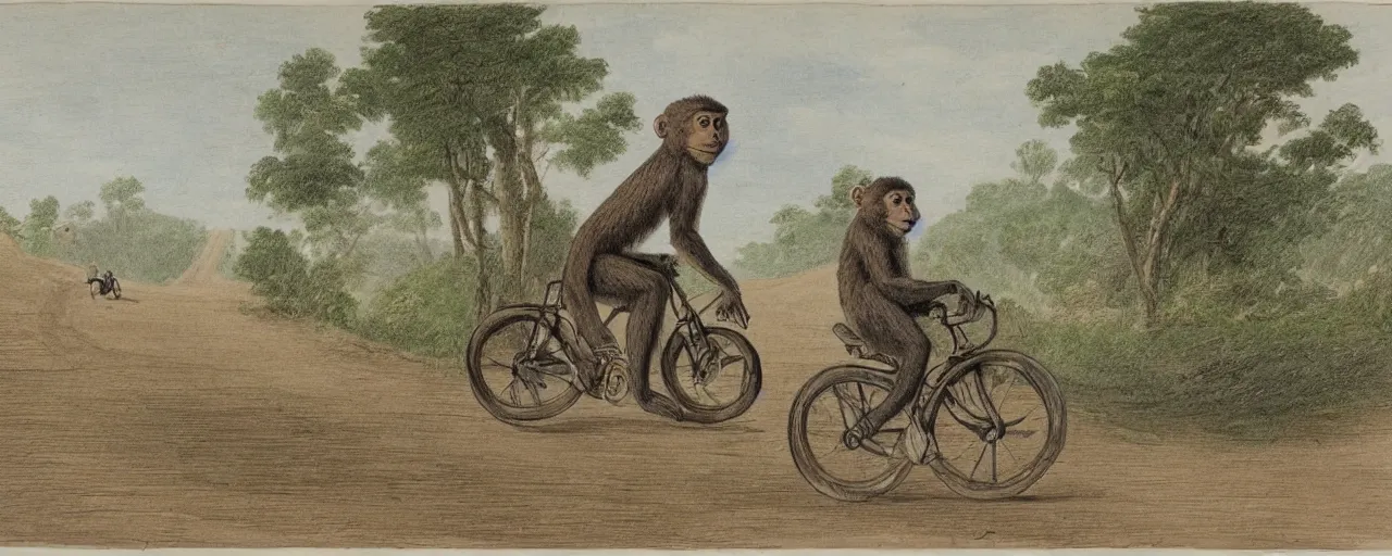Image similar to monkey riding a bicycle down a winding road, drawn by Nicholas John Frith