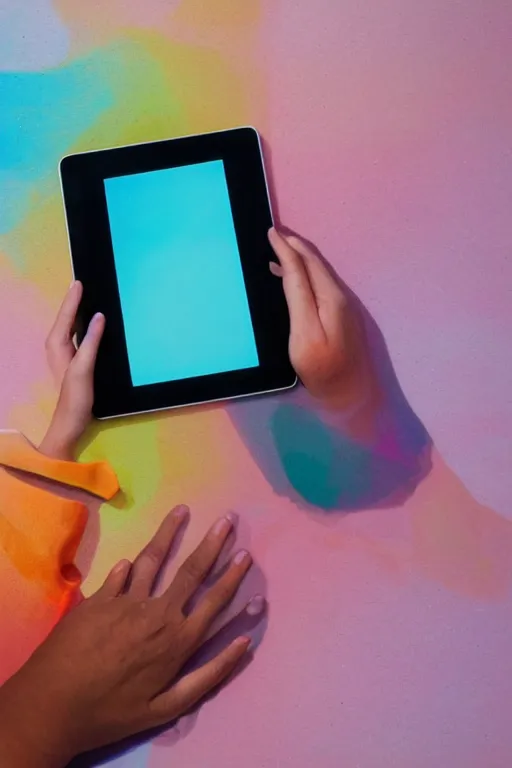Prompt: an iPad with colors coming out of the screen