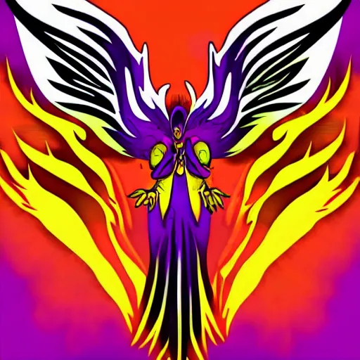 Image similar to white phoenix on flames orange purple background stylised poster art neat graphic design style holistic