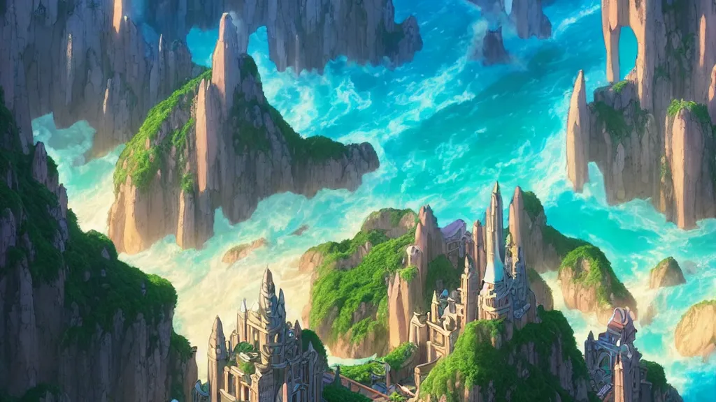 Image similar to atlantis, studio ghibli, pixar and disney animation, sharp, rendered in unreal engine 5, highly detailed, digital painting, artstation, concept art, smooth, sharp focus, illustration, wide angle, artbook, wallpaper, splash art, promo art, dramatic lighting, art by artgerm and greg rutkowski and bo chen and jin xiaodi