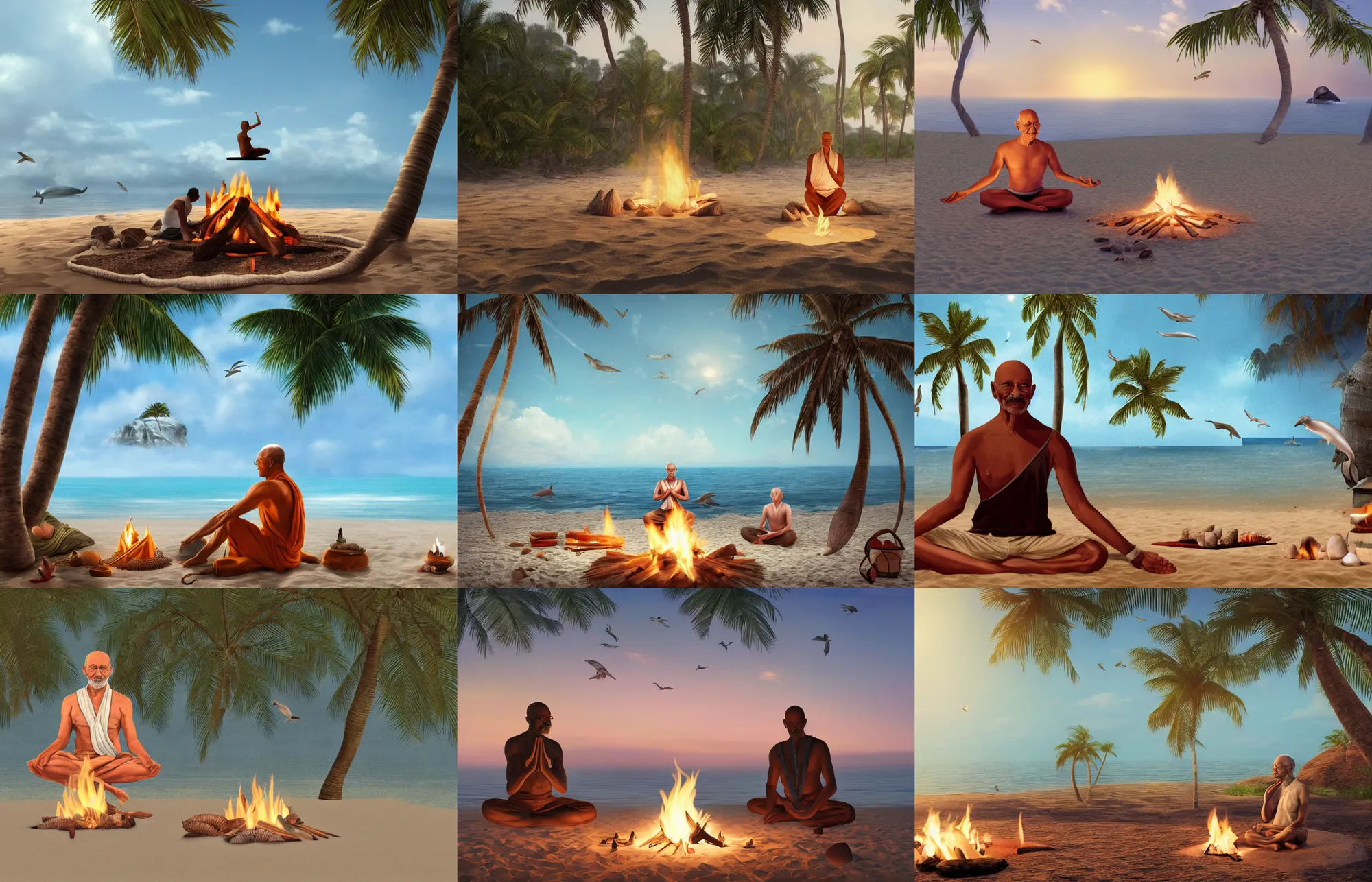 Prompt: photorealistic illustration of ghandi in a yoga pose sitting around a campfire at the beach with palm trees in the back, birds in the sky, dolphins in the ocean, footsteps in the sand, seashell and coconuts scattered around, artstation, deviantart, cgsociety