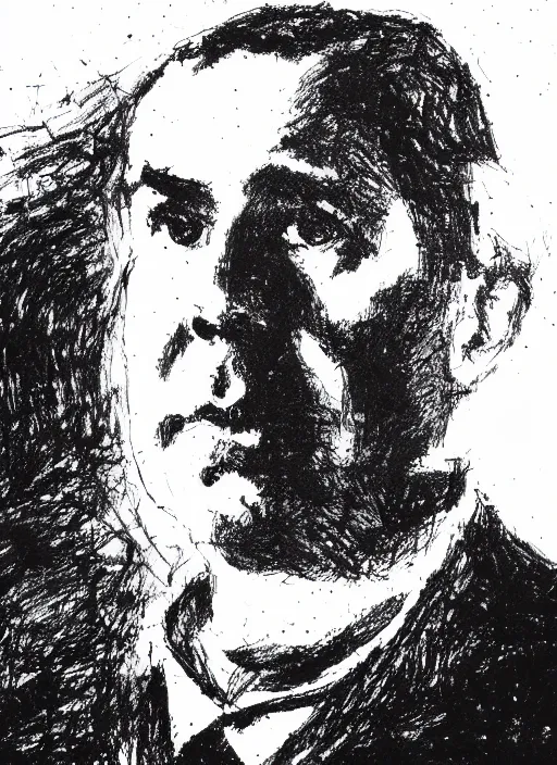 Image similar to portrait of niels bohr, penned with black ink, smooth lines, stipples, smooth, on white