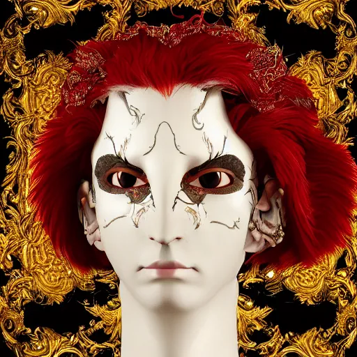 Image similar to portrait of a red sorcerer, sharp focus, black hair, baroque, rococo, highly detailed, intricate, bird mask, white, regal clothing, gold ethereal light, high fantasy