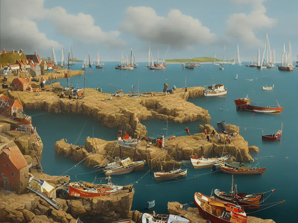 Image similar to a detailed gouache painting illustration of a typical English coastal fishing harbor, by Michiel Schrijver, ultra-hd, sharp focus, isometric