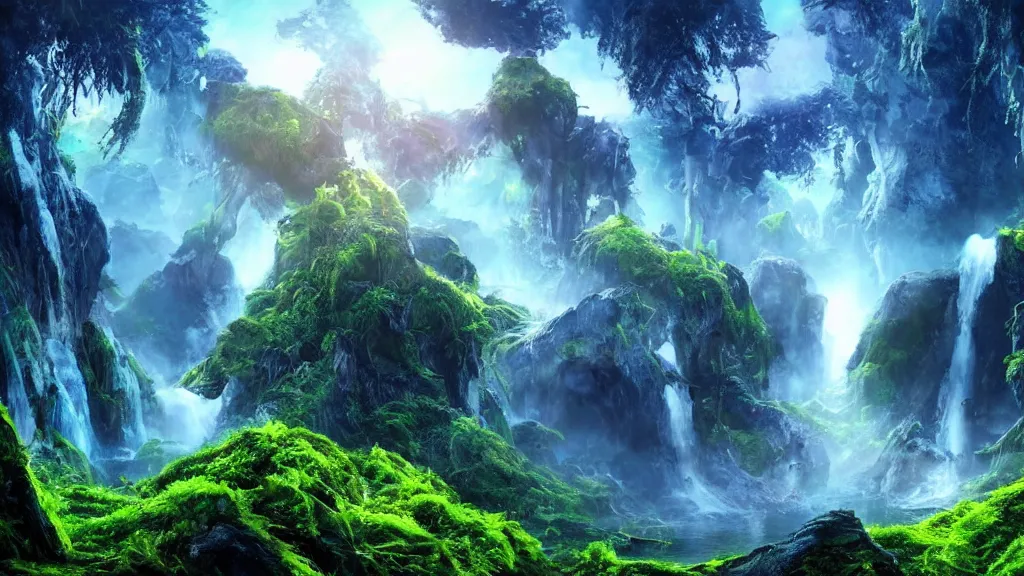 Image similar to an alien landscape view, alien waterfall, alien trees, alien colorful greenery, alien mountains, epic lighting, epic composition, 4 k, detailed, realistic