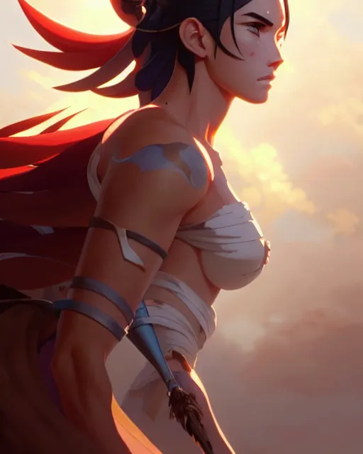 Image similar to azctec warrior, megan fox, detailed perfect face, exquisite details, fire magic, mid view, design on a white background, by studio muti, greg rutkowski makoto shinkai takashi takeuchi studio ghibli