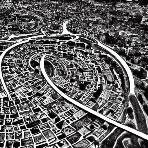 Image similar to ancient goth city with spiral-shaped streets spiraling into insanity hyperreality hd 8k plane view very detailed high contrast