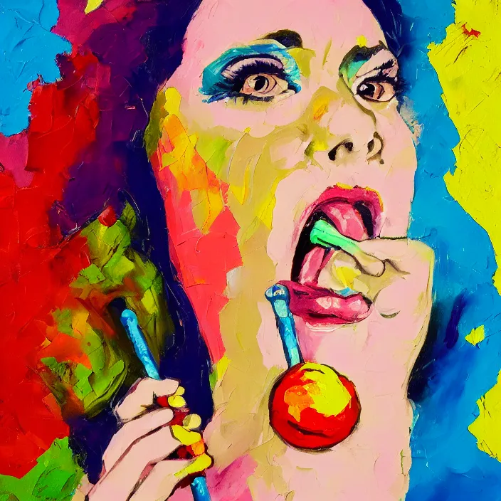 Image similar to portrait of beautiful woman licking a lollipop painted with colorful gouache impasto