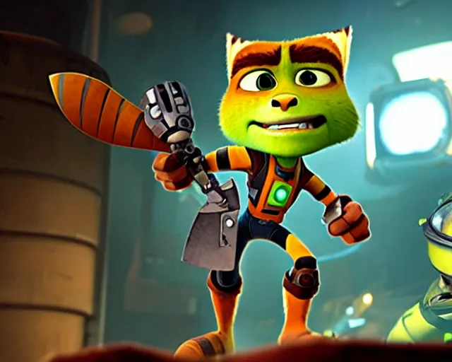 Image similar to film still of ratchet and clank with a hatchet in the new horror movie