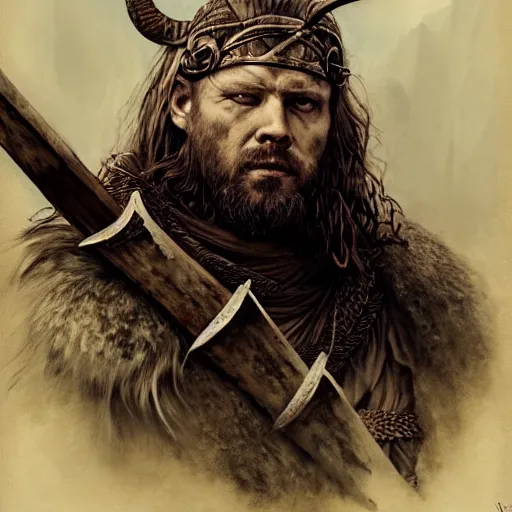 Prompt: Official photo of a majestic fierce viking man, leader, fear, scarred, highly detailed, viking attire, cinematic, 16k, 1080s, by Stanley Artgermm, Tom Bagshaw, Greg Rutkowski, Vincent di Fate, Carne Griffiths, Ayami Kojima, WLOP, trending on DeviantArt, hyper detailed, full of color, digital art,