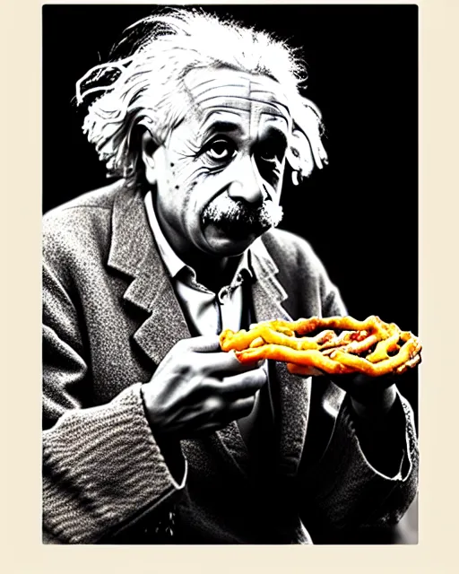 Image similar to A photo of Albert Einstein eating jalebi, highly detailed, trending on artstation, bokeh, 90mm, f/1.4