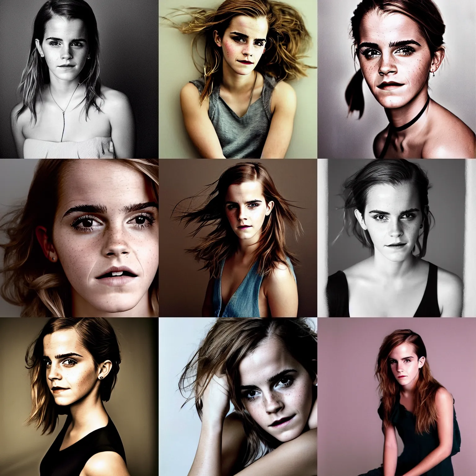 Prompt: face portrait of emma watson, 2 2 years old, playful, studio photography by annie leibovitz, f / 8