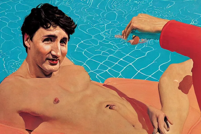 Image similar to justin trudeau in a swimming pool in a house in california, magazine centerfold, by david hockney, peter doig, lucien freud, francis bacon, bouguereau, norman rockwell, pop realism