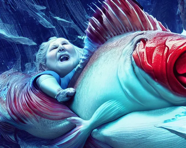 Prompt: of a very beautiful scene. ambient occlusion render. a sweet fat old woman is giving birth to a huge colorful fish. hyper realistic. 4 k. wide angle. red mouth, blue eyes. deep focus, lovely scene. ambient occlusion render. concept art. unreal engine.