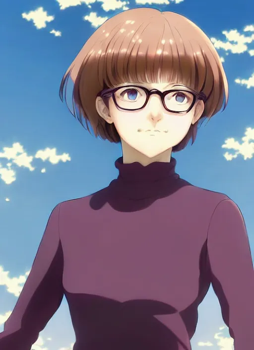 Image similar to Painting of grown-up Velma Dinkley in the style of Violet Evergarden, beautiful anime art style, winged eyelashes, countryside, calm, fantasy character portrait, dark outlines, dynamic pose, above view, sunny day, artwork by Makoto Shinkai, very coherent asymmetrical artwork, sharp edges, perfect face, simple form, 100mm