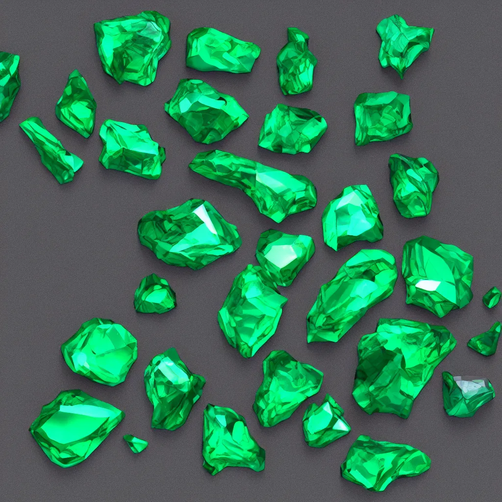 Prompt: high quality 4 k texture of glossy emerald gem stones, glistening, 3 d octane render, blender design assets, 3 d, photo - realostic, high poly, 3 0 0 dpi, 8 k render, ue marketplace, unreal engine 5, volumetric lighting, realistic shadows,