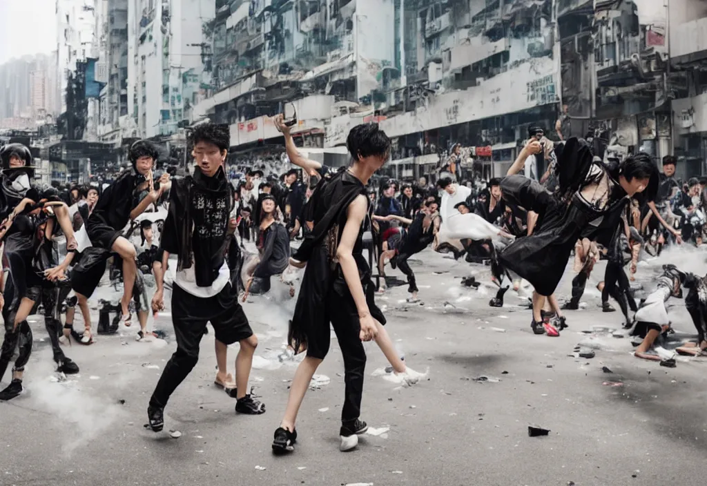 Prompt: fashion editorial in hong kong riot.