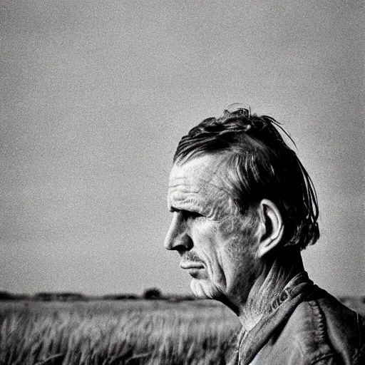 Prompt: A very sad man, near farm, outdoors, photograph, f2.8, dramatic, balding hair, redneck, film grain, large format, 1950