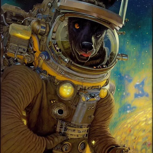 Image similar to portrait of a male hyena wearing a space suit in a space ship. shadowrun furaffiniy cyberpunk fantasy highly detailed painting by gaston bussiere craig mullins jc leyendecker gustav klimt artgerm greg rutkowski john berkey, bergey, craig mullins, ruan jia, raymond swanland, jeremy mann, tom lovell, alex malveda