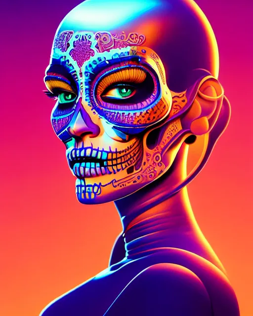 Prompt: ultra detailed beautiful female android, side portrait, sharp focus, highly detailed vfx portrait, geometric shapes, global illumination, by james jean and moebius and artgerm and liam brazier and victo ngai and tristan eaton. vector art, digital illustration, concept art, dia de los muertos. 8 k, hdr
